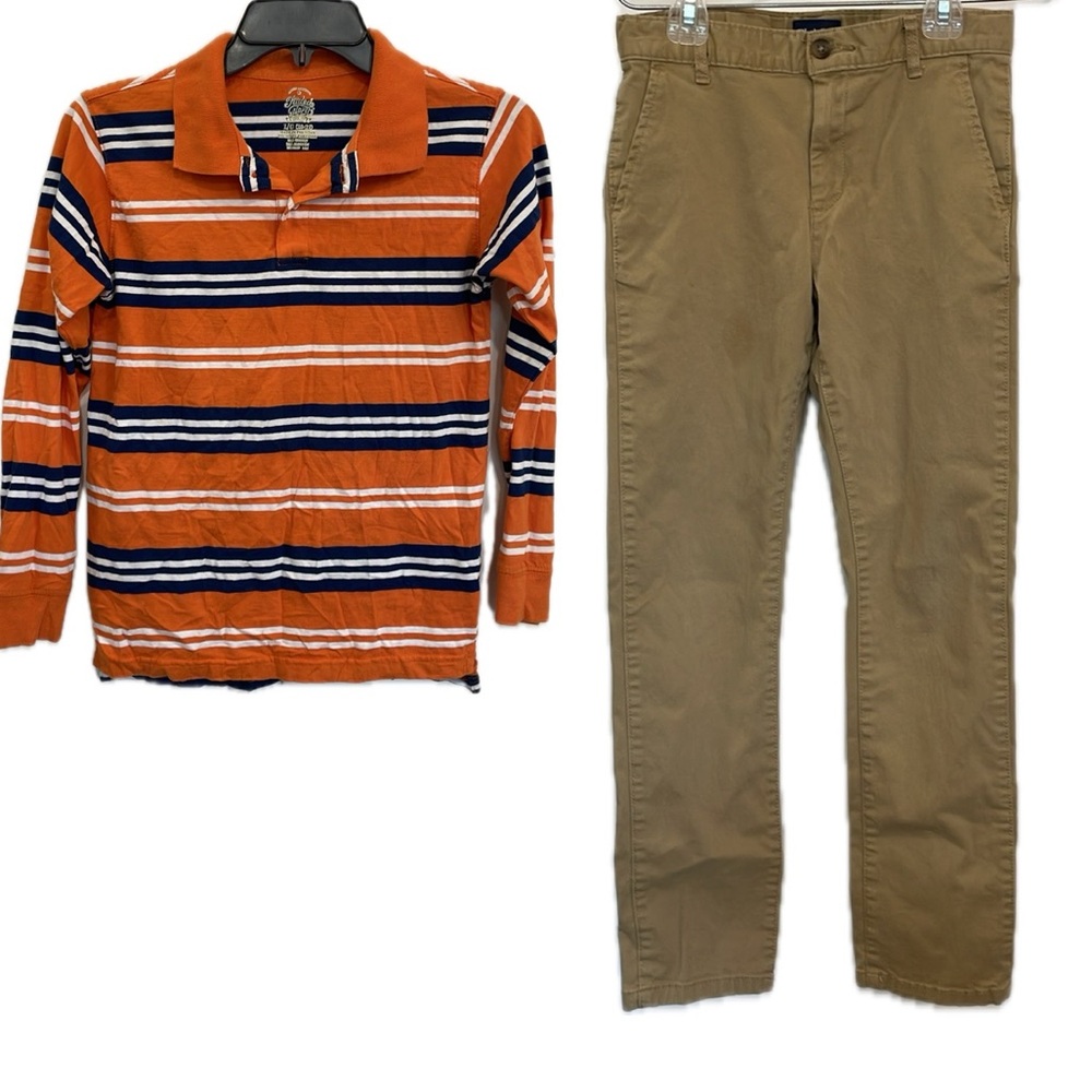 2 PC Lot The Childrens Place Khaki Stretch Skinny Chino Pants &Boys Stripe Shirt
